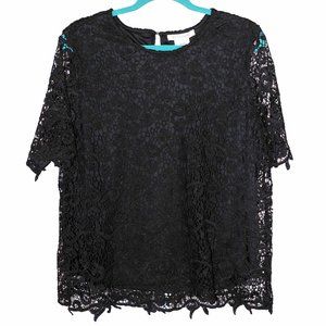 Luxurious Philosophy Sheer Black Lace Round Neck Short Sleeve Blouse Size XL NWT